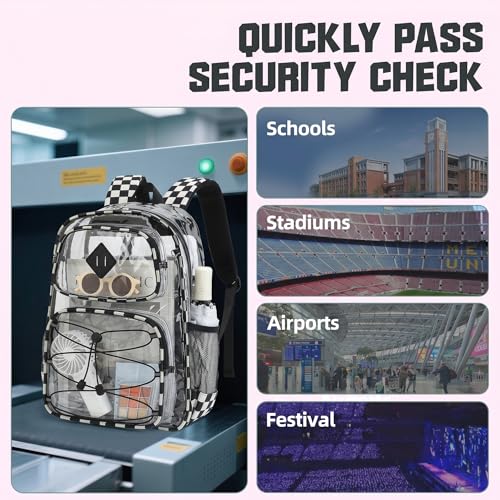 Clear Backpacks for Girls Women, Heavy Duty PVC Transparent Back Pack See Through Boys Kids Clear Bookbags for School - Checkered Black White - color: Checkered Black White