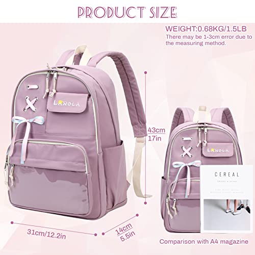 Lanola Teen Girl School Backpack Casual Daypack Bookbag Elementary College Travel Backpack with Cute Ribbon for Girls - color: Purple