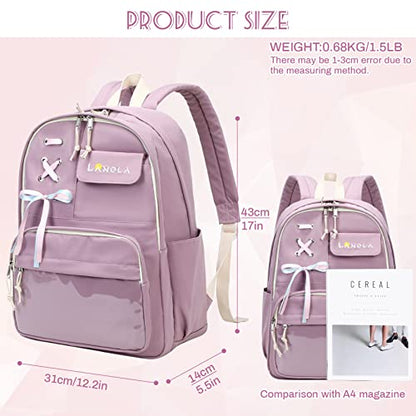 Lanola Teen Girl School Backpack Casual Daypack Bookbag Elementary College Travel Backpack with Cute Ribbon for Girls - color: Purple