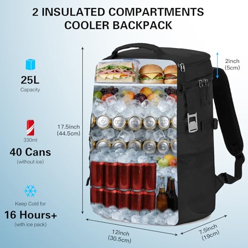 Tactical Cooler Backpack for Men, Double Deck Insulated Cooler Bag 40 Cans, Soft Lunch Backpack with 16H Ice Retention Waterproof Leakproof Picnic Backpack for Work Beach Camping BBQ Hiking - color: Black