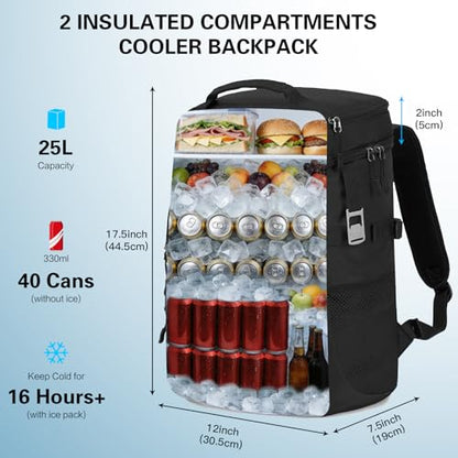 Tactical Cooler Backpack for Men, Double Deck Insulated Cooler Bag 40 Cans, Soft Lunch Backpack with 16H Ice Retention Waterproof Leakproof Picnic Backpack for Work Beach Camping BBQ Hiking - color: Black
