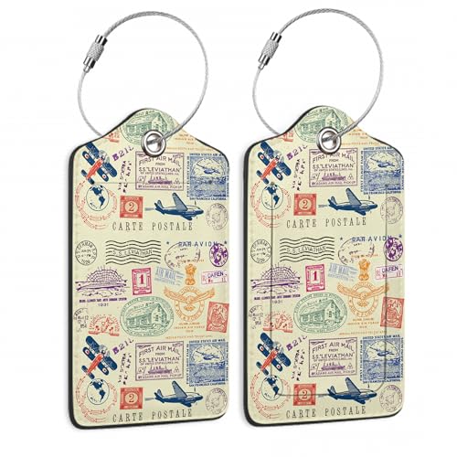 Travel Stamp Luggage Tags for Suitcase,2 Pack Retro Passport Carte Postale Luggage Tag Leather Privacy Cover ID Label with Stainless Steel Loop for Women Men Kids Girls - color: Retro Stamp Carte Postale