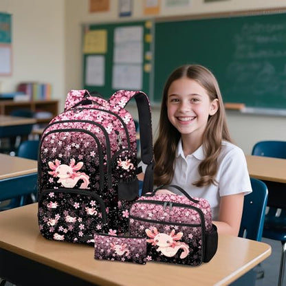 Axolotl Backpack for Girls, Girls Backpacks with Lunch Box and Pencil Case for School, Kids Axolotl Bookbag - color: Axolotl