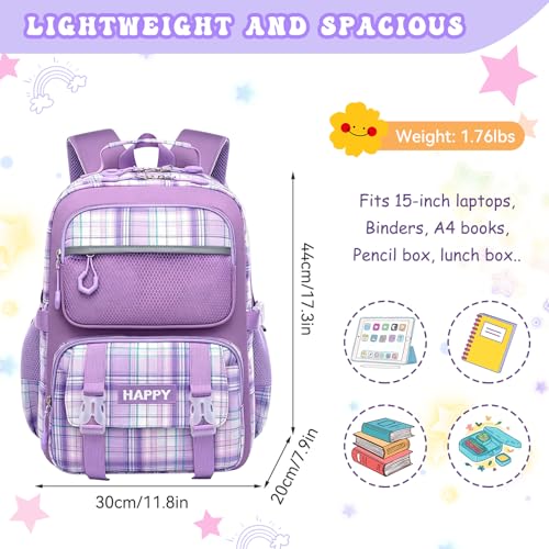 Backpack for Girls,Cute Plaid Backpack,Preppy Bookbag for Elementary & Middle School Students,Large Capacity School Bag,17 Inch,Purple - color: Purple