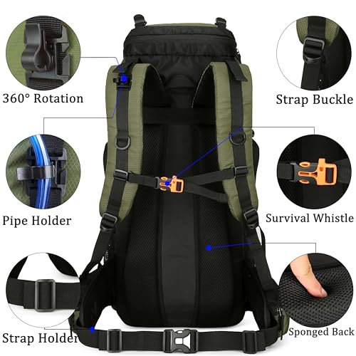 60L Travel Hiking Camping Backpack with Rain Cover,Backpack Water Resistant,Climbing Backpack for Men Women (DEEP GREEN) - color: Deep Green