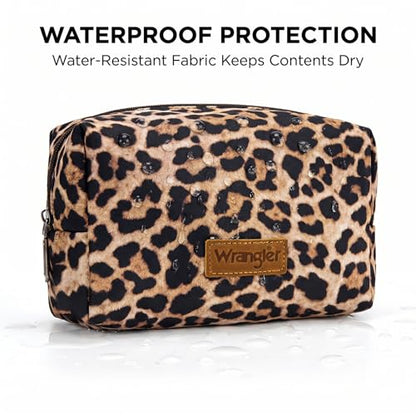 Montana West X Wrangler Travel Makeup Bag Waterproof Cosmetic Bag Portable Makeup Pouch for Women Large Toiletry Bag - color: Leopard