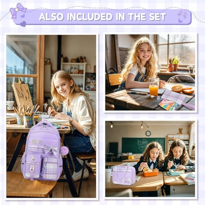MOONBABY Girls Backpack, Kids Backpack for Girls School Bags with Lunch Bag & Pen Case, Bow Plaid Book Bag for Elementary Middle Primary High School College,Purple-3pcs - color: Purple Set