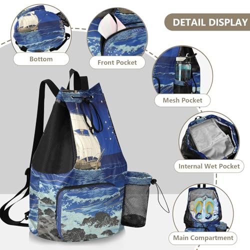Drawstring Gym Bag With Inside Pockets Women Mens Drawstring Backpack with Wet Dry Compartments Japanese Ocean Boat