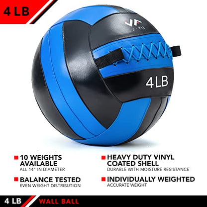 JFit Wall Ball – Premium Soft Weighted Exercise Ball for Strength, Conditioning, Gym & Home Workouts, 4-30 LB - color: Blue/Black, style: 4 LB