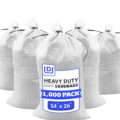 DURASACK Heavy Duty Sand Bags with Tie Strings Empty Woven Polypropylene Sand-Bags for Flood Control with 1600 Hours of UV Protection, 50 lbs Capacity, 14x26 inches, White, 1000 Count - color: White, size: 1000 Sandbags