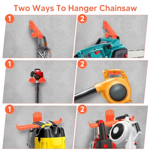 3-in-1 Heavy Duty Garage Tool Organizer, 3-Piece Wall Mount Chainsaw Holder, Backpack Blower Rack and Weed Eater Hanger Set for Lawn Power Tools, No-Scratch Rustproof, Orange