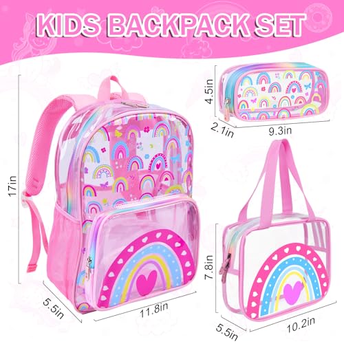 SHPMXUPW 3-Piece Clear PVC School Backpack for Boys and Girls, 17″ Kids Transparent Pink Backpack Set with Lunch Bag & Pencil Case–Adjustable Straps, Side Mesh Pocket & Sturdy Handle (Pink-Rainbow) - color: Pink-Rainbow