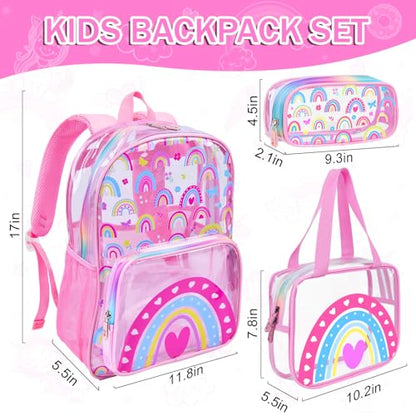 SHPMXUPW 3-Piece Clear PVC School Backpack for Boys and Girls, 17″ Kids Transparent Pink Backpack Set with Lunch Bag & Pencil Case–Adjustable Straps, Side Mesh Pocket & Sturdy Handle (Pink-Rainbow) - color: Pink-Rainbow