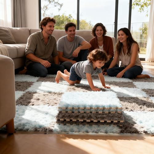 Thickened Plush Foam Interlocking Floor Carpet Mat, 24 Piece 12x12in Fluffy Square Puzzle Foam Carpet Tiles with Edgings, Soft Anti-Slip Shaggy Area Rug Playmat (Dark Curry+Blue) - color: Dark Curry+blue