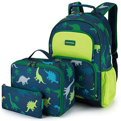 mommore Kids Backpack for Boys Girls 4-8 Kindergarten Elementary School Backpack with Lunch Box - 15” H Fit Folder - color: A-dinosaur, style: 3 Pcs