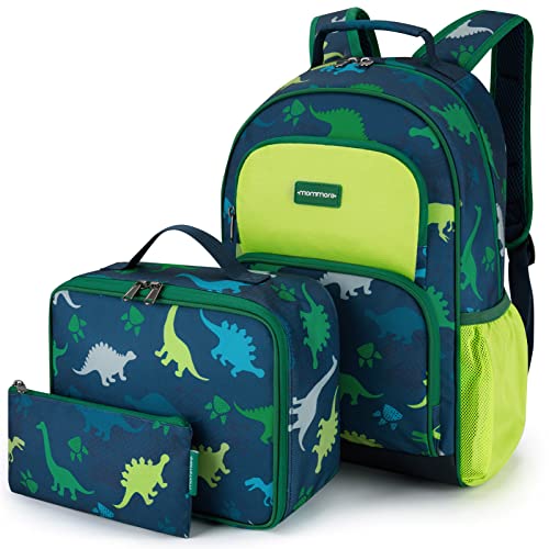 mommore Kids Backpack for Boys Girls 4-8 Kindergarten Elementary School Backpack with Lunch Box - 15” H Fit Folder - color: A-dinosaur, style: 3 Pcs