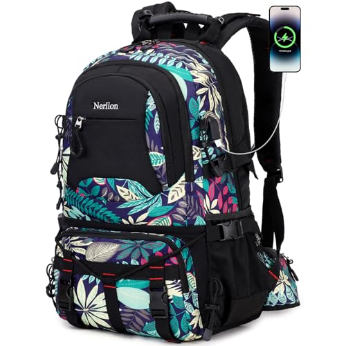 Nerlion 40L Hiking Backpack Travel Backpack for Men Women Camping Waterproof Outdoor Hiking Daypack Lightweight Backpack (Blue Leaves) - color: A6- Blue Leaves