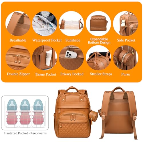 Astro alan Baby Diaper Bags with Changing Station, Waterproof Diaper Bag Backpack for Moms Dads with USB Charging Port, Baby Shower Gifts, Large Capacity diaper backpack, Brown - color: Vegan Leather Brown