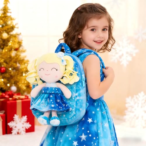 Gloveleya Toddler Backpack Baby Girl Gifts Plush Curly Girl Doll Backpacks Blue Dress with Glitter Stars 9 inches - color: A001 Hot Stamping Blue Backpack, size: 9 inches