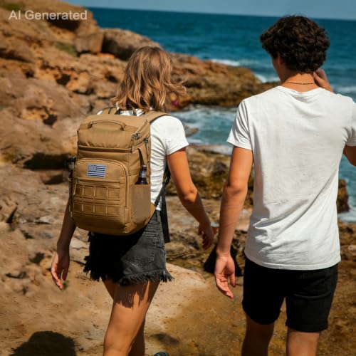 Tactical Cooler Backpack for Men, Double Deck Insulated Cooler Bag 40 Cans, Soft Lunch Backpack with 16H Ice Retention Waterproof Leakproof Picnic Backpack for Work Beach Camping BBQ Hiking - color: Brown