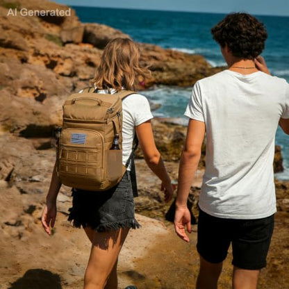 Tactical Cooler Backpack for Men, Double Deck Insulated Cooler Bag 40 Cans, Soft Lunch Backpack with 16H Ice Retention Waterproof Leakproof Picnic Backpack for Work Beach Camping BBQ Hiking - color: Brown