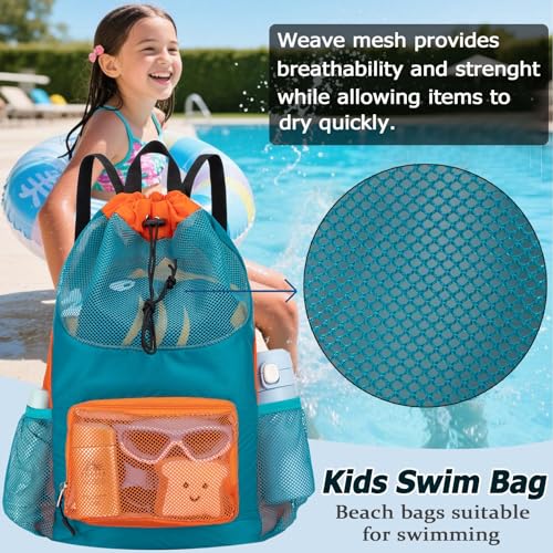 Swim Bag for Kids Mesh Beach Backpack for Boys Lightweight Drawstring Beach Bag Swimming Pool Sports Gym String Bag (Green) - color: Green