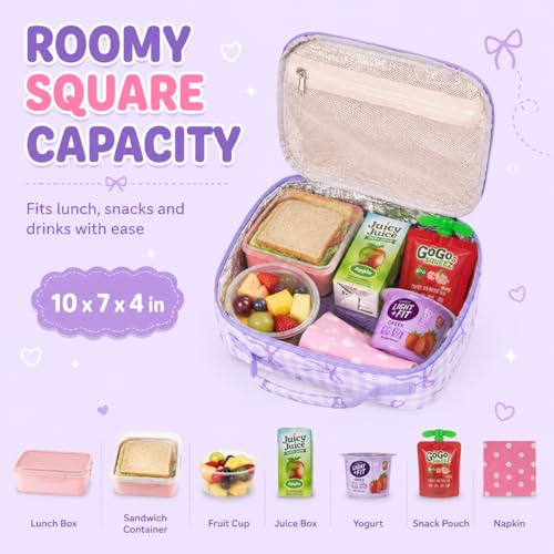 LEDAOU Lunch Box Kids Insulated Lunch Bag Girls Boys Toddler Reusable Lunchbox for School Picnic Hiking (Checkered-Purple Bow) - color: Checkered-Purple Bow