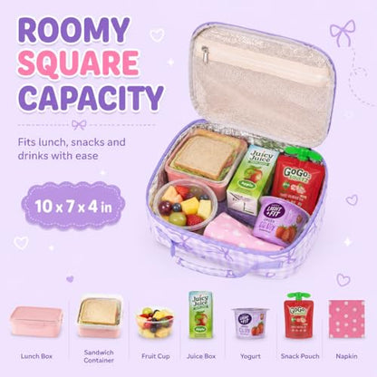LEDAOU Lunch Box Kids Insulated Lunch Bag Girls Boys Toddler Reusable Lunchbox for School Picnic Hiking (Checkered-Purple Bow) - color: Checkered-Purple Bow