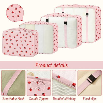 9 Set Packing Cubes for Travel Essentials - Lightweight Carry-On Luggage Organizer Bags with Shoe, Clothes & Laundry Bags for Airplane, Family & Business Travel, Pink strawberry - color: Pink strawberry
