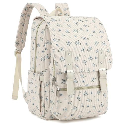 Corduroy Women Travel Backpack, College Laptop Backpack Casual Daypack School Bookbag for 15.6 Inch Laptop (Corduroy Floral Blue) - color: Corduroy Floral Blue
