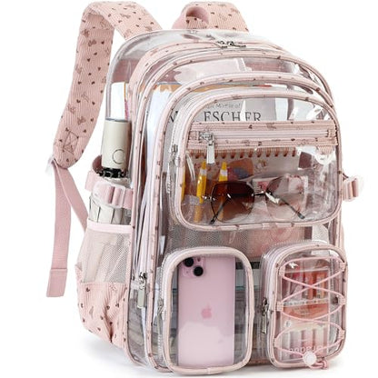 Hidds Clear Backpack for Girls Women Large School Bag Heavy Duty Transparent Backpacks College See Through Bookbag for Stadium Events School Work Festival Security Cute Kids Clear Pink Bow Back Pack - color: Pink Bowknot