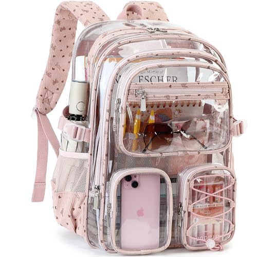 Hidds Clear Backpack for Girls Women Large School Bag Heavy Duty Transparent Backpacks College See Through Bookbag for Stadium Events School Work Festival Security Cute Kids Clear Pink Bow Back Pack - color: Pink Bowknot