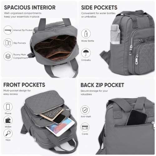 Small Backpack for Women Casual Quilted Square Bag Waterproof Multi Pockets Daypack Lightweight Top Handle Satchel - color: Grey