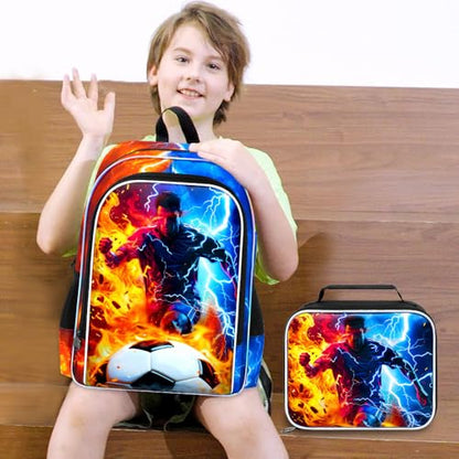 AGSDON 3PCS Boys Backpack for Boys, 17" Kids Bookbag with Lunch Box for Boy,Soccer Flame Thunder Backpacks Water Resistant and Lightweight for Teen - color: Football