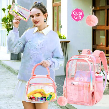gxtvo 3PCS Transparent Backpack for Girls Heavy-Duty Set for Women & Teen, 17" Pink Clear Bookbag with Rainbow Strap, Sweet Bow See Through School Bag - color: Pink Elegant Bow Clear Backpack Set