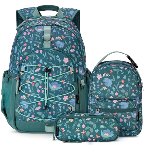 Choco Mocha Girls School Backpack with Lunch Box, Floral Green Backpack Set for Teen Girls 18 Inch Backpacks, 3 Pcs - color: Wildflower Garden