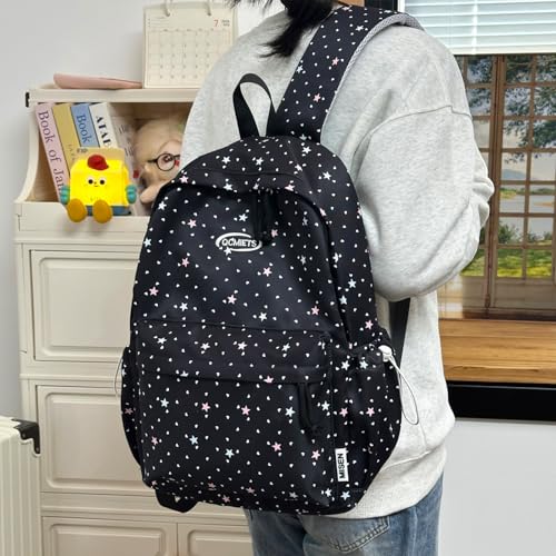 Cute Aesthetic Backpack Y2K Simple Heart Star Print Kawaii Backpacks Travel Laptop Rucksack Backpack for Women (Black) - color: Black