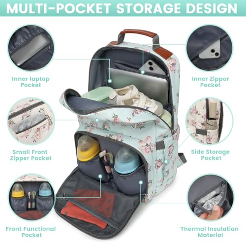 Diaper Bag Backpack, Large Baby Nappy Bags with Portable Changing Pad for Boys and GirlsMultifunction Travel Baby Bag for Moms Dads, Shower Gifts Waterproof and Stylish，Flower Green - color: Flower Green