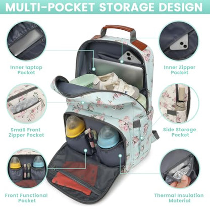 Diaper Bag Backpack, Large Baby Nappy Bags with Portable Changing Pad for Boys and GirlsMultifunction Travel Baby Bag for Moms Dads, Shower Gifts Waterproof and Stylish，Flower Green - color: Flower Green