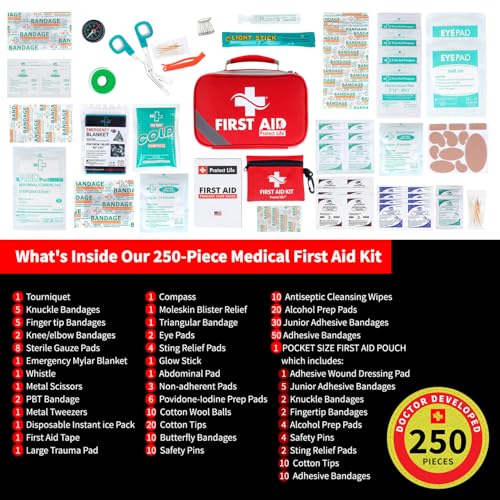 Protect Life First Aid Kit for Home & Business, 250 Pcs - Emergency Medical Kit for Camping & Hiking - size: 250 Pieces Kit (Travel)