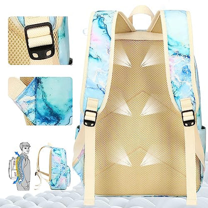 LEDAOU Backpack for Girls School Bag Kids Bookbag Teen Backpack Set Daypack with Lunch Bag and Pencil Case | Kids - color: Marble Purple Blue Green