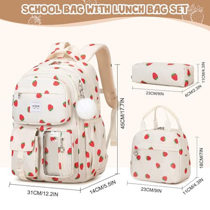 ACESAK Backpack for Girls - Girls Backpack with Lunch Bag & Pencil Pouch for Teen Kids Laptop Backpack for Women, Elementary Middle High School Bookbag Travel Daypack (Beige Strawberry) - color: Beige Strawberry