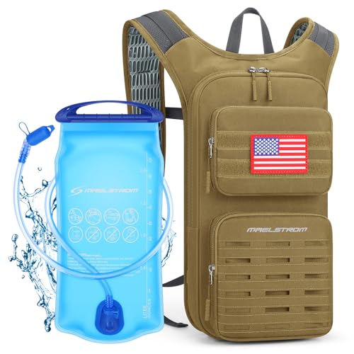 Maelstrom Tactical Hydration Backpack,Water Pack with 2L Water Bladder | BPA-free,MOLLE Compatibility,lightweight,insulated layer, Breathable back panel and shoulder,for running/hunting/cycling - color: Khaki