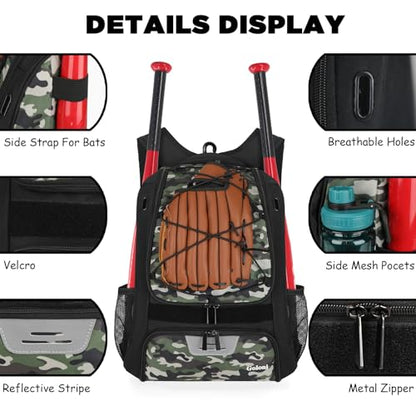 Goloni | Baseball Backpack,Baseball Bag for Adult,Softball Bat Bag with Shoes Compartment,Large Main Compartment for Helmet & accessories, Fence Hook - color: Green camo