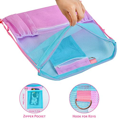 Mesh Drawstring Bag with Zipper Pocket, Beach Bag for Swimming Gear Backpack Gym Storage Bag for Adult Kids (Pink Blue) - color: Pink Blue