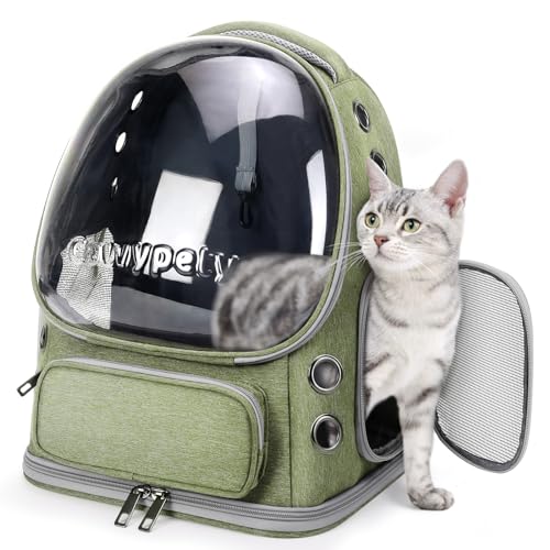 Cawypety Cat Backpack Carrier, Breathable Cat Carrier Large Space Bubble Pet Backpack for Kitty Small Dog up to 15lbs, Transparent & Foldable Pet Carrier for Travel Hiking - color: Green