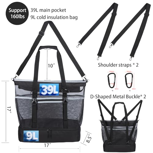Mesh Beach Bag with Cooler Large Travel Family Vacation Essentials Pool Swimming Zipper Pocket Durable 9 Pockets - color: Black