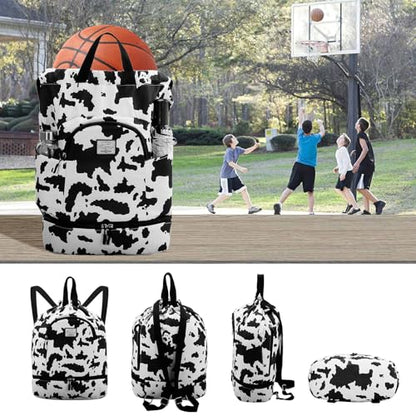 Kamo Drawstring Backpack Bag - Sport Swimming Yoga Backpack with Shoe Compartment, Two Water Bottle Holder for Men Women Large String Backpack Athletic Sackpack for Travel - color: Cow Print