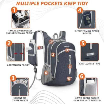 Seektop Small Hiking Backpack Expandable 12L-15L, Lightweight Packable Waterproof Daypack with Phone Pocket for Women Men - color: Dark Grey