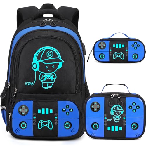 Bevalsa Backpack for School Boys, Cool Luminous Gamer Boys Schoolbag with Lunch Box & Pencil Case Set for Kids Teens Elementary Middle School, Bookbag Glow In The Dark(Blue Backpack) - color: Blue, style: Backpack